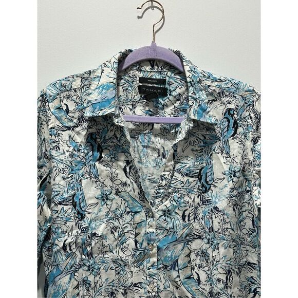 Tahari Blue and white Tropical Print Tunic 100% Linen Size Large - Picture 2 of 6